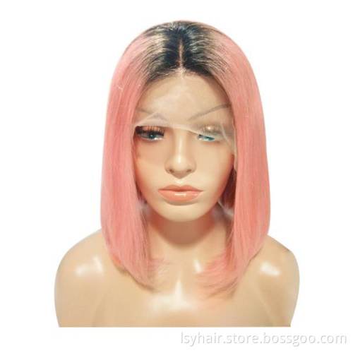Lsy natural hairline middle part ombre pink bob wig 100% human hair,  best quality glueless bob wigs color rose gold lace wig